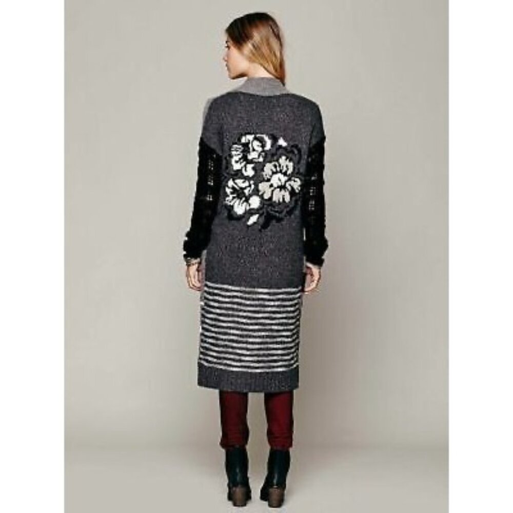 Free People Black Gray Striped Floral Knit Long Cardigan S | Boho Grunge Fairy - Picture 6 of 16